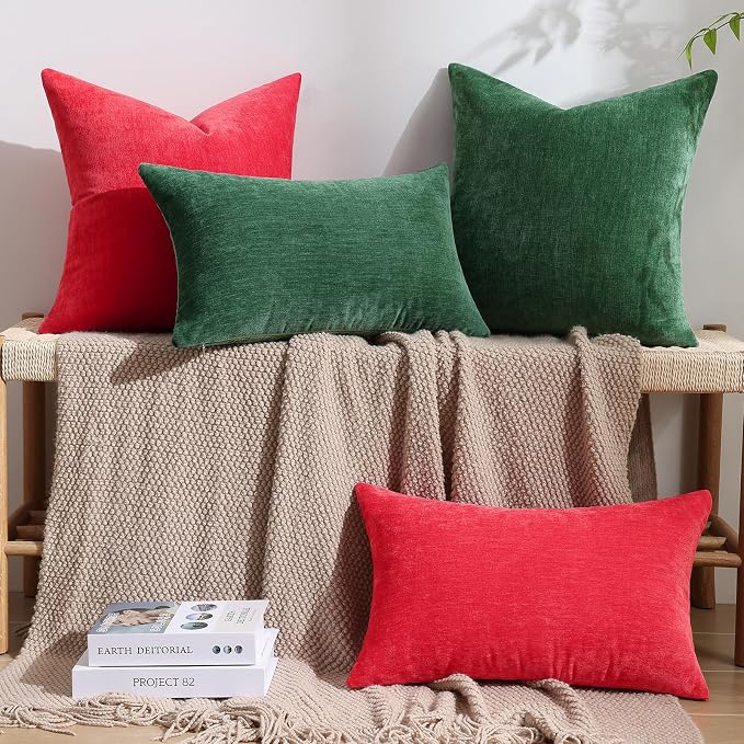 decorUhome Soft Chenille Christmas Red Throw Pillow Covers 22X22 Set of 2 | Decorative Fall Couch Pillow Covers Solid Dyed Accent Modern Euro Sham Farmhouse Neutral Square Pillow Cases for Sofa
