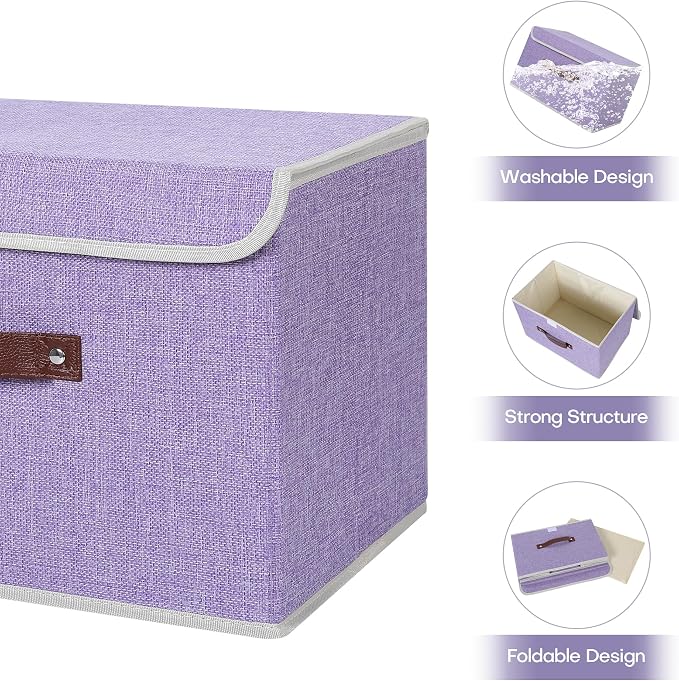 ANMINY Fabric Storage Box Bins with Lids, Purple, 15"x10"x10", 4 Pack | Keepsake Memory Storage, Cotton Linen, PP Board Reinforced, Washable, PU Handles, Foldable & Stackable, Decorative, Large