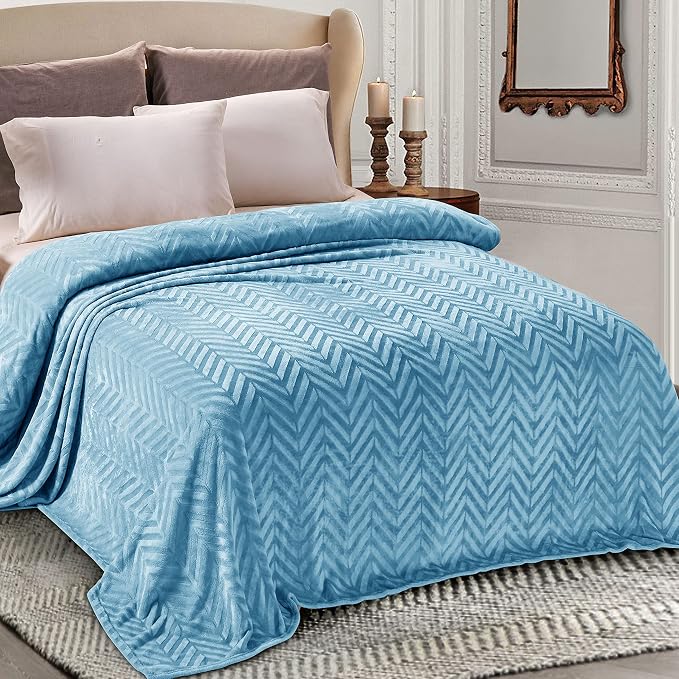 Whale Flotilla Flannel Fleece Fall Bed Blanket Twin Size, Stone Blue | Lightweight Breathable Soft Bedspread, Plush Fluffy Coverlet Chevron Design Decorative Blanket for Home Life, 60x80 Inch