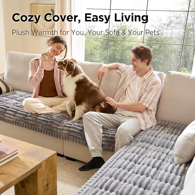 Bedsure Comfyfleece™ Sofa Cover, Couch Covers for Dogs, 27.6 x 59 Grey | Non-Slip, 300gsm Thick Quilted Padding, Ultra-Soft Corduroy Flannel, Machine Washable, for Standard Loveseat/2-Seater Couch