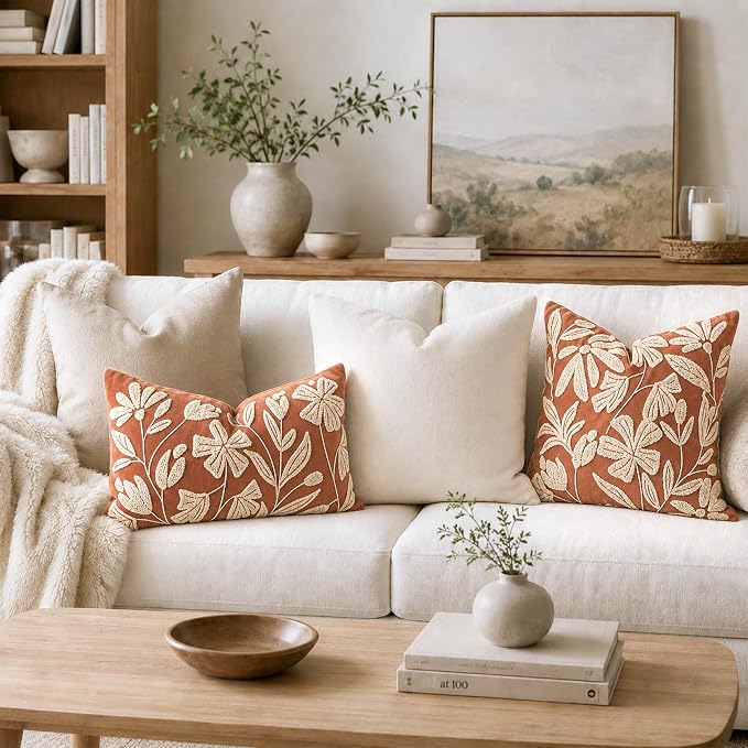 Throw Pillow Cover 20x20 Inch, Rust Terracotta Floral Tufted Velvet Decorative Accent Pillow Case for Sofa Bed Living Room, Cover Only