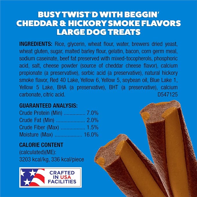 Purina Busy with Beggin Twisted Large Dog Treats, 10 ct Pouch | Cheddar & Hickory Smoke Flavor dog chew, long-lasting, rawhide free with real meat, for large dogs 35 lbs up