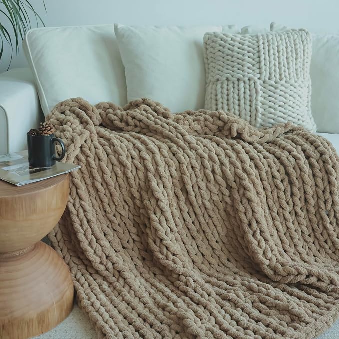Maetoow Tighter Version Chenille Chunky Knit Blanket Throw,60×80,Khaki