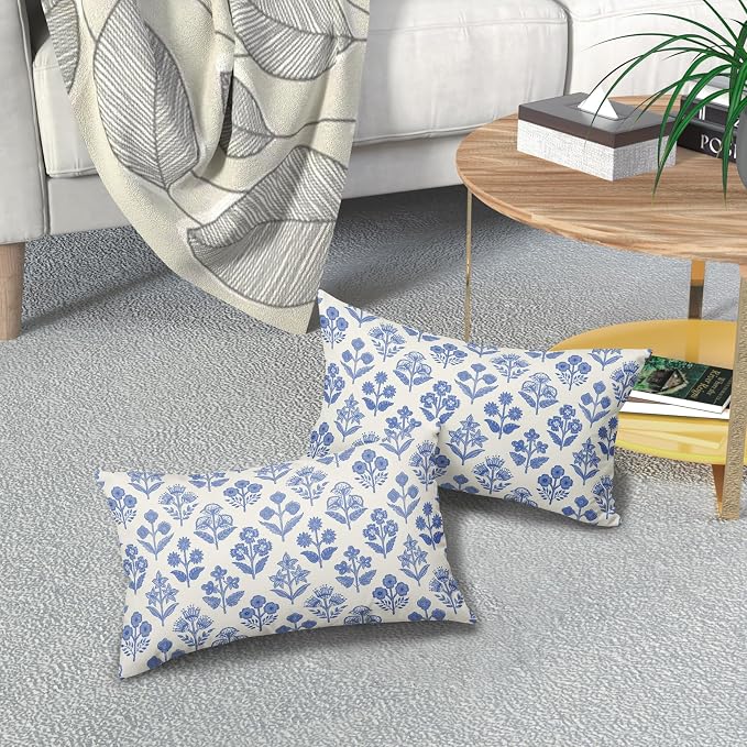 Blue Floral Pillow Covers 12x20 Inch Set of 2, Block Print Lumbar Flower Cream Decorative Throw Pillowcases Outdoor Farmhouse Rectangle Cushion Covers Spring Summer Sofa Couch Bed Decor