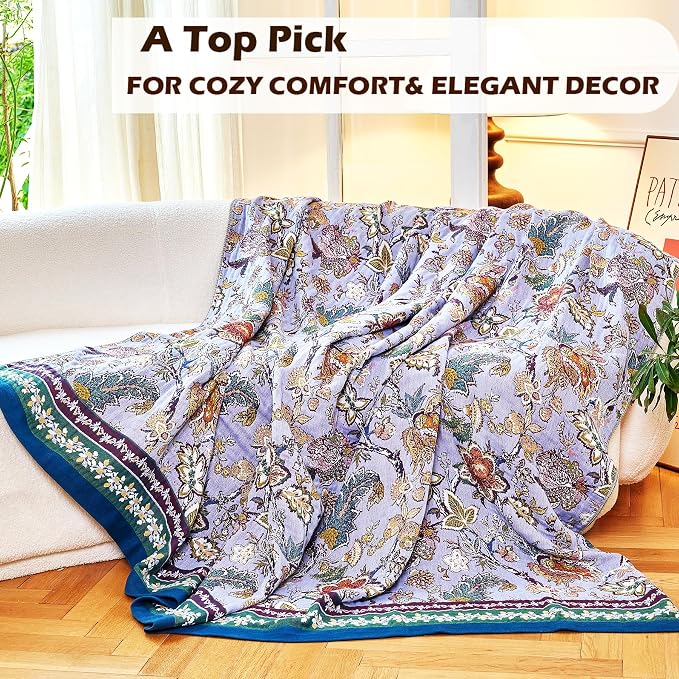 VANJOROY Boho Throw Blanket 60" x 80", 100% Organic Cotton Breathable Ultra Soft Bed Purple Quilt Throw - All Season Luxury Floral Farmhouse Decor Blanket for Sofa Couch Chair and Gift.