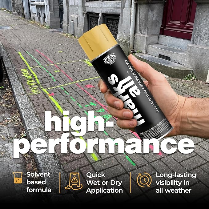 Fox Valley 18oz Marks All Solvent-Based Marking Paint Spray, 12-Pack Yellow APWA – Long-Lasting, Weather-Resistant Spray Paint for Wet or Dry Surfaces Like Metal, Grass, Concrete, Wood, & More