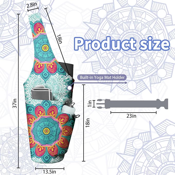 Yoga Bag for Women, Large Yoga Mat Bag Tote Carrier with Wet Dry Pocket, Water Bottle Holder & Adjustable Strap, Fits 1/2" Thick Yoga Mat for Gym, Pilates, Travel, Work