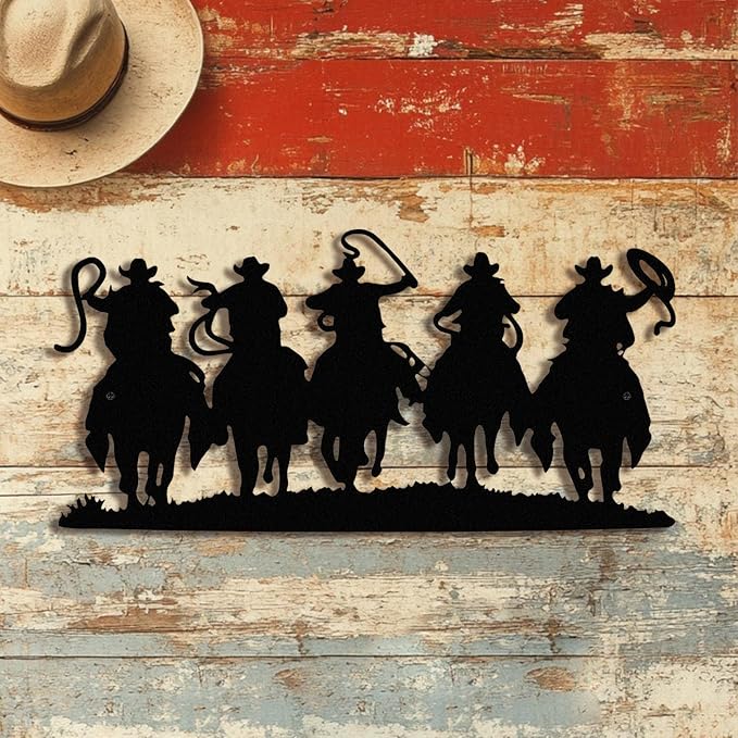 Black Metal Cowboy Wall Art, 3D Western Decor for Living Room, Rustic | Rustic 3D black metal cowboy sculpture, brings Western charm to living rooms, dens, or man caves