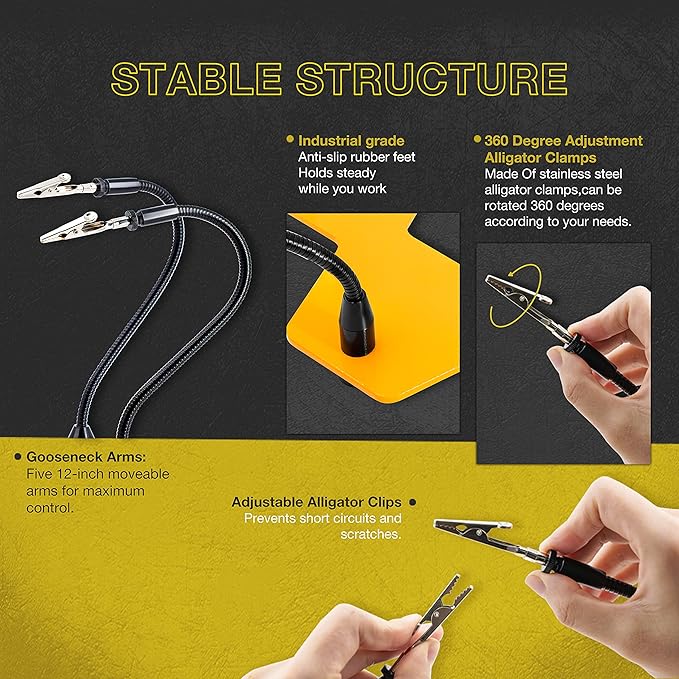 KOTTO LED Lighted Magnifying Third Hand Soldering PCB Holder Tool Five Arms Helping Hands Crafts Jewelry Hobby Workshop Helping Station Non-slip weighted base, LED Lamp