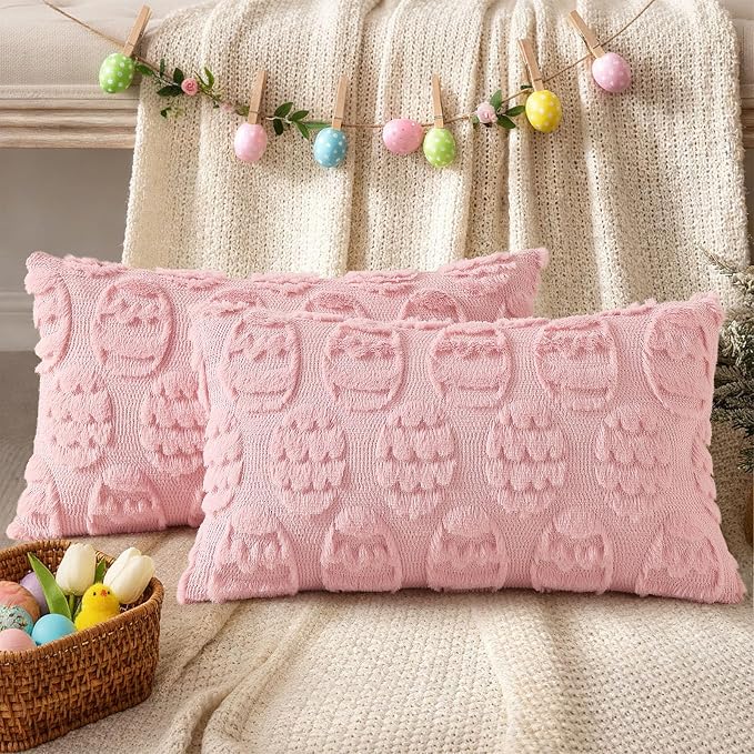 decorUhome Pink Faux Fur Egg Throw Pillow Covers 12x20 Set of 2 | Plush Soft Wool Jacquard Pink Cushion Covers, Modern Farmhouse Neutral Easter Holiday Decor Pillow Covers for Couch Sofa Bed