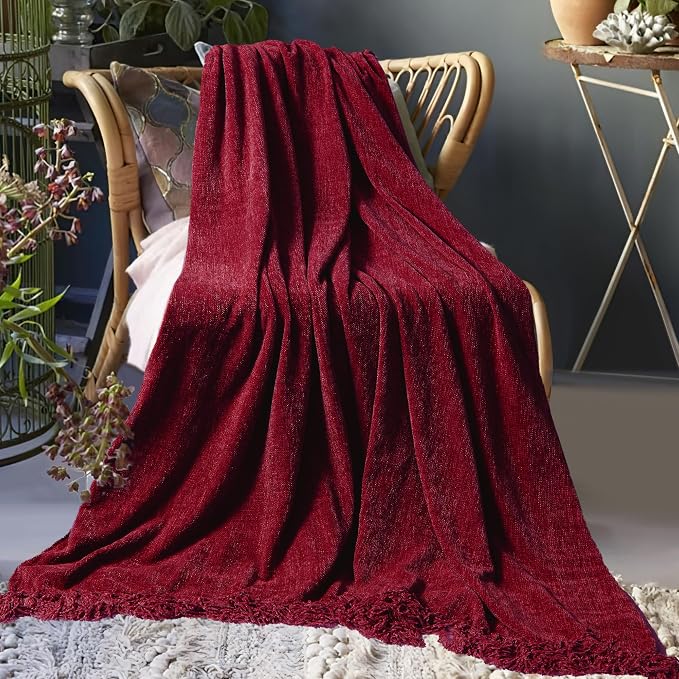 Chenille Throw Blanket for Couch 60" x 80" Twin, Red | Soft Cozy Throws with Fringe Tassel, for Living Room Bed Sofa Chair Cover, Lightweight Knitted Boho Blankets Christmas Decor
