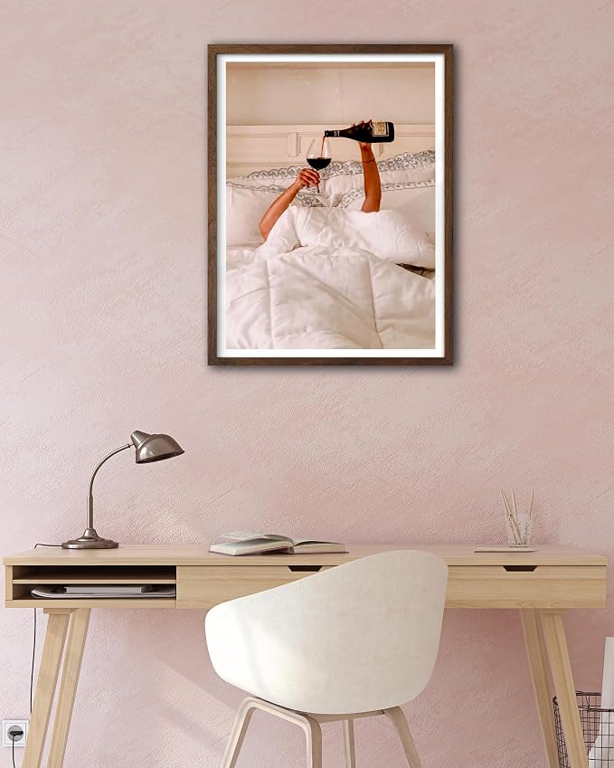 EcoHest 12x16 in Woman Drinking Wine in Bed Framed Wall Art for Bedroom | Walnut Color Solid Oak Frame, Canvas Wall Art, Feminist Wine Wall Decor for Bedroom, Bathroom, Dorm Room, College Room, 1Pack