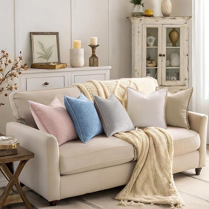 decorUhome Soft Chenille Throw Pillow Covers 20x20 Set of 2 Beige | Fall Textured Decorative Throw Pillow Cases Stitched Edge Modern Farmhouse Luxury Boho Velvet for Couch Sofa Bed Home Decor