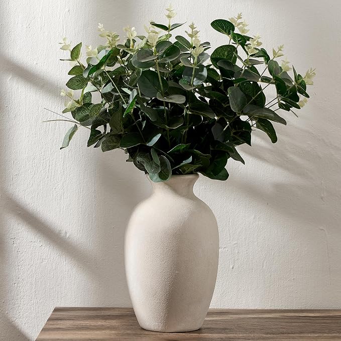 Ceramic Vintage Flower Vase Home Decor, 8.38" Rustic Terracotta, Antique Vase for Table, Living Room, Shelf, Mantel Decoration, Farmhouse- Grayish White