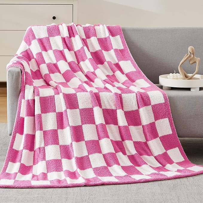 Soft Checkered Throw Blanket for Couch-Cozy Warm Knitted Blankets | Lightweight Warm Fluffy Decor for Women, Mom, Her & Girls, Sofa, Chair, Bed, 50x70in, Hot Pink