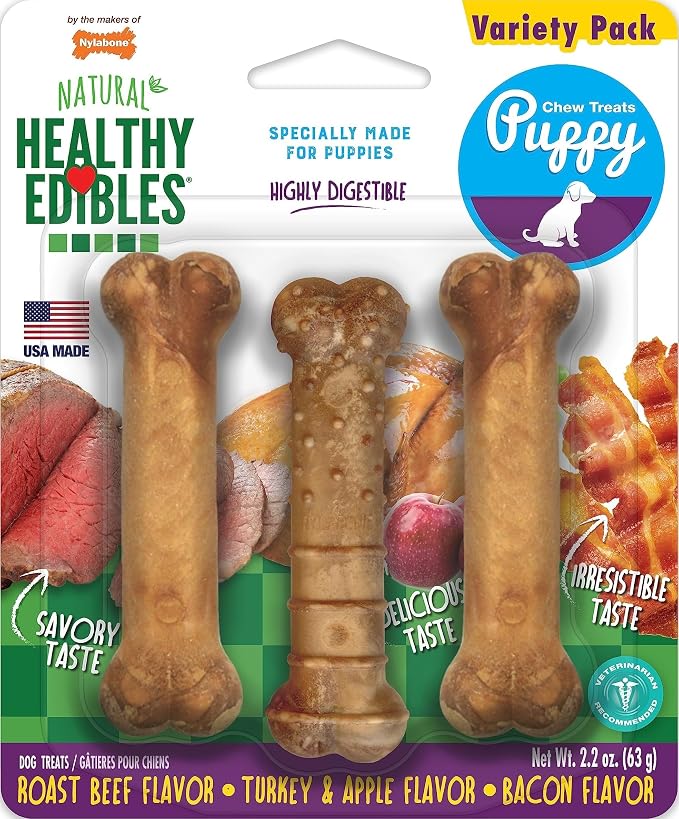 Nylabone Healthy Edibles Puppy Dog Treats Variety Pack, 3 Count | Roast beef, turkey & apple, bacon flavor, natural puppy treats, made in USA, highly digestible, for x-small dogs up to 15 lbs