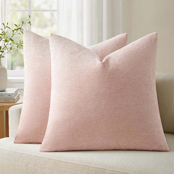 a moment Pack of 2 Decorative Chenille Throw Pillow Covers with Twill Cushion Covers for Sofa Living Room Couch Bed 18x18 Inch Light Pink
