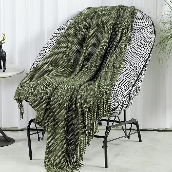 Blagic Wheat Textured Knit Throw Blanket for Couch,Green and White,50"x60" | Soft Farmhouse Boho Throw Blanket with Tassels,Decorative for Living Room,Gifts for Adults,All Season Use