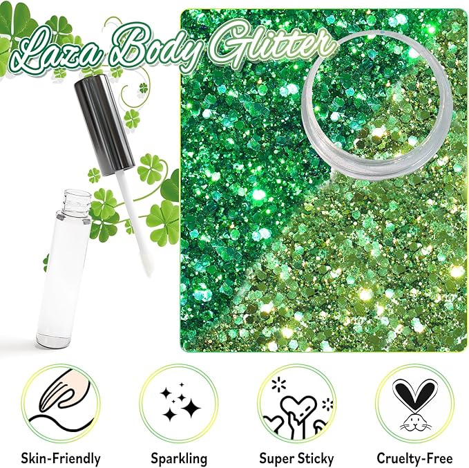 Laza 2 Jars St. Patrick’s Day Body Glitter Iridescent Chunky Sequins with Glitter Glue Women Eyeshadow Makeup Face Paint Festival Rave Outfits Hair Accessories Carnival Party Costumes- Gold Blue Green