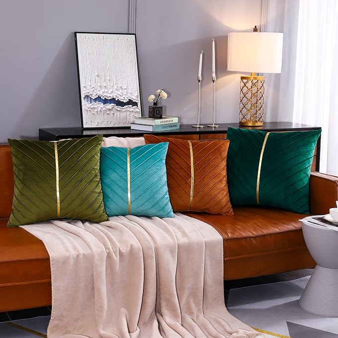 Velvet Throw Pillow Covers 18x18 Pack of 2 Gold Decor Aqua Green | Soft Solid Pillow Covers,Modern Luxury Home Decor,for Couch Chair Sofa Bedroom Livingroom,Hidden Zipper,Ideal Gift,Easy Care