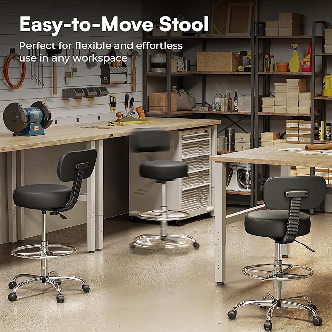 SUPERJARE Drafting Chair with Back, Adjustable Foot Rest Rolling Stool, Multi-Purpose Office Desk Chair, Thick Seat Cushion for Home Bar Kitchen Shop - Black 7205B