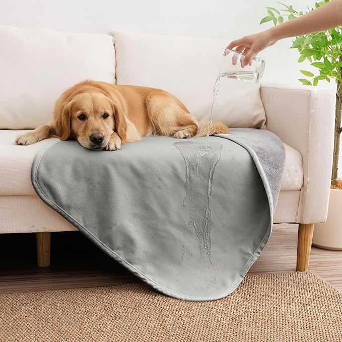 Waterproof Blanket - Reversible Dog Throw as Furniture Protector | Soft Velvet & Flannel, TPU Leak-Proof Liner, Machine Washable, Fits Couch and Bed, 25" x 35", Lightgrey/Darkgrey