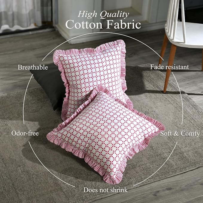 CPC Magenta Pink Hand Block Print 100% Cotton Ruffle Throw Pillow Cover 24x24 inch with Hidden Zipper Decorative for Couch, Bed, Sofa, Farmhouse, Cottagecore Decor Gift Christmas Fall Thanksgiving