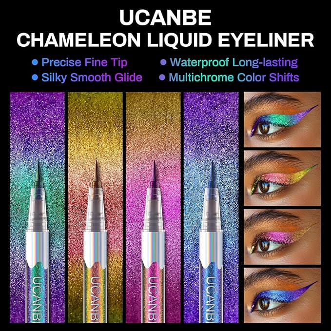 UCANBE Chameleon Liquid Eyeliner - Green Cyan Blue, Multi-Chrome Metallic Shift Eyeliner, Waterproof Glitter Eyeliner with Soft Fine Tip for Multi-Dimensional Eye Looks
