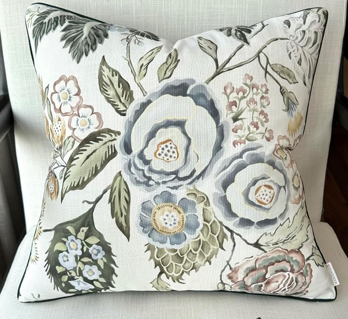 Blue Rose Floral Print 20x20 Throw Pillow Cover | Blue rose floral bouquet on off-white slub, green piping; both sides printed; hidden zip; cover only