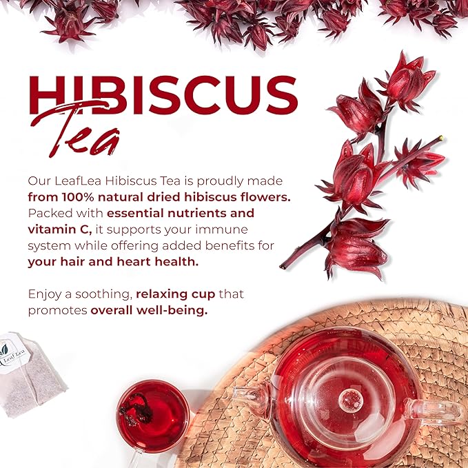 LeafLea 120 Hibiscus Tea Bags, Rich Flavor & Color, 120 Count | 100% Pure Natural Red Hibiscus Flower, Te De Hibisco, Caffeine-Free, Sugar-Free, Vegan, Non-GMO, Convenient 3 Pack