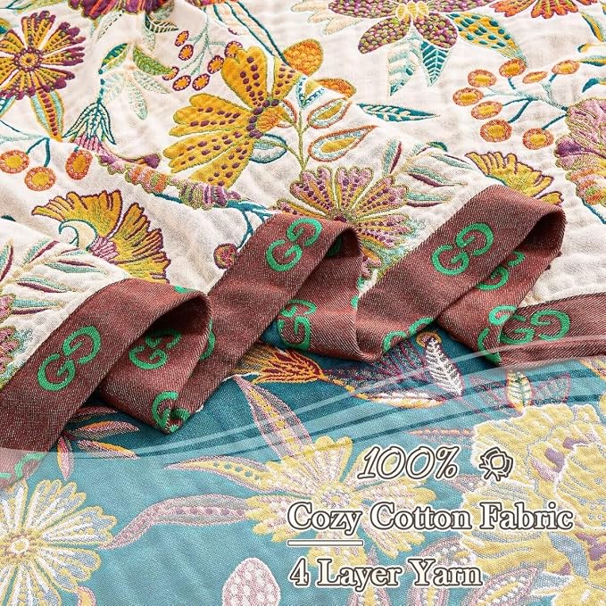 XIBLC Boho Throw Blanket, 100% Cotton Ultra Soft Luxury Throw Rustic Quilt, 60"x80" Floral Printed Farmhouse Decor Bed Summer Blankets, All Season Rustic Reversible Bohemian Throw for Bed - White