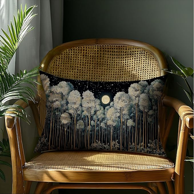 Rustic William Morris Inspired Night Forest Green Moon Pillow Covers 12x20 Double-Sided,Vintage Botanical Nature Landscape Decorative Throw Pillow Covers for Home Bedroom Living Room