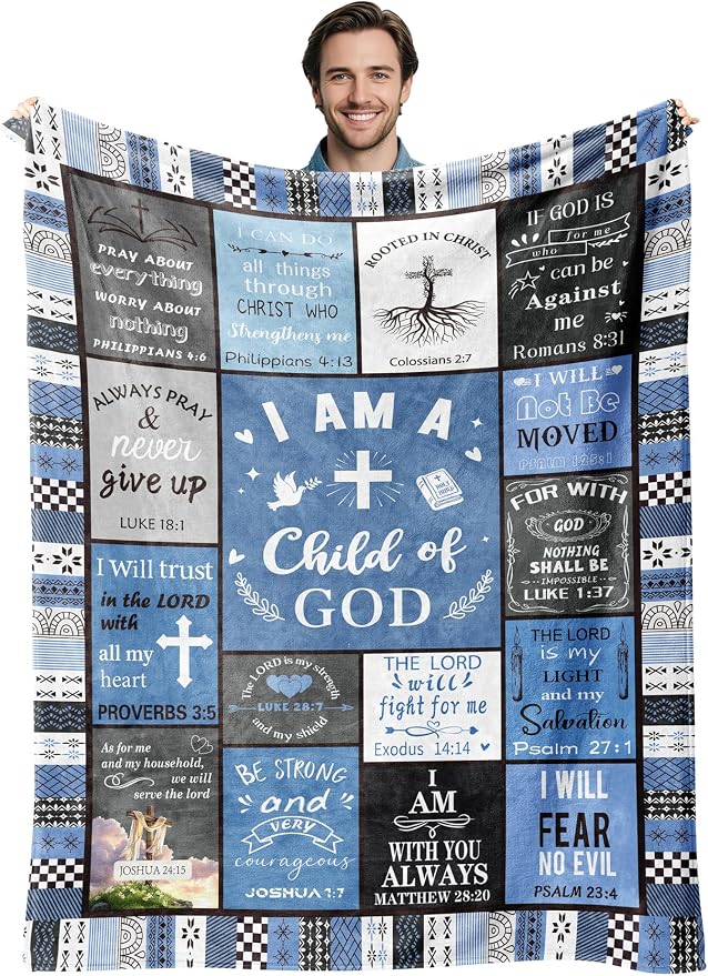 Fathers Day Christian Gifts for Men, Birthday Gift for Men, I Am a Child of God Blanket, Inspirational Gifts for Mens Brother, Son, Dad, Grandpa, Baptism Gifts for Boys Blankets 60''x50'' Blue