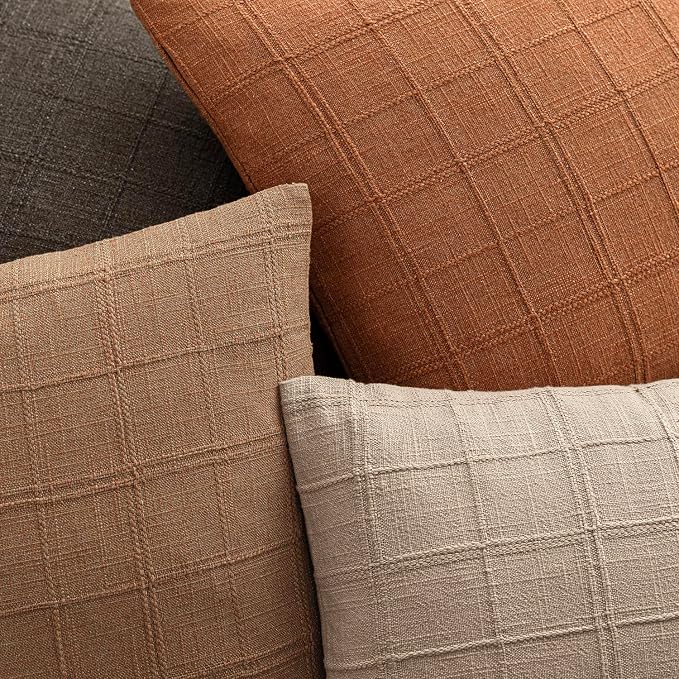 Foindtower Set of 2 Decorative Linen Check Throw Pillow Covers Neutral Farmhouse Vintage Cushion Covers Modern Boho Home Decor for Sofa Chair Couch Bedroom Living Room,16×16 Inch,Orange