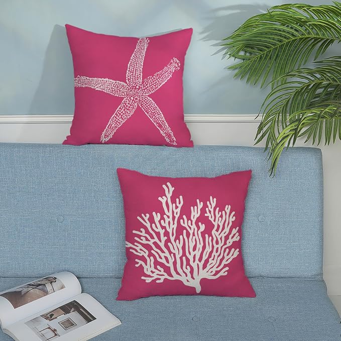 Coastal Pillow Covers 18x18 Inch Set of 2 Hot Pink Coral Starfish Throw Pillows Nautical Ocean Decorations Beach Pillowcase Outdoor Decor Linen Farmhouse Cushion Case for Home Sofa Living Room