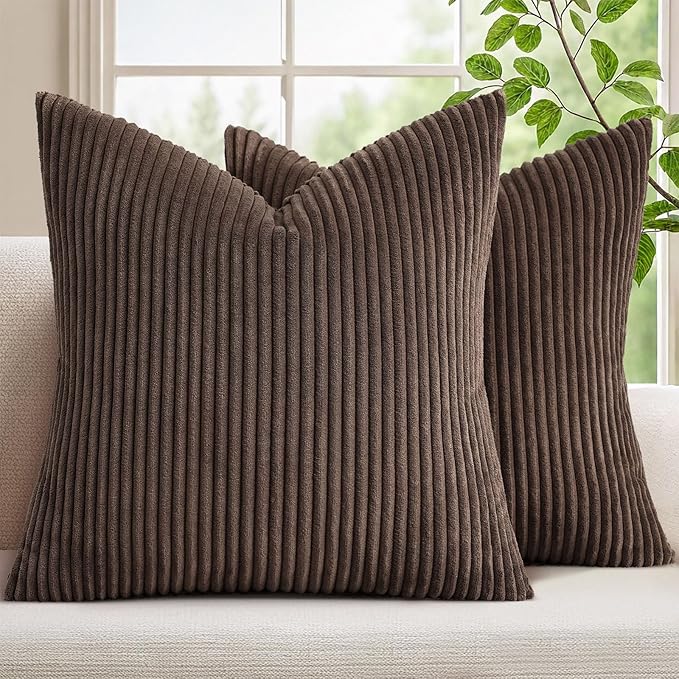 Mecatny Corduroy Fall Throw Pillow Covers 18x18 Set of 2 Chocolate | Soft Striped Texture, Hidden Zipper Design, Neutral Boho Square Pillow Cases for Sofa Couch Living Room Bedroom, Home Décor