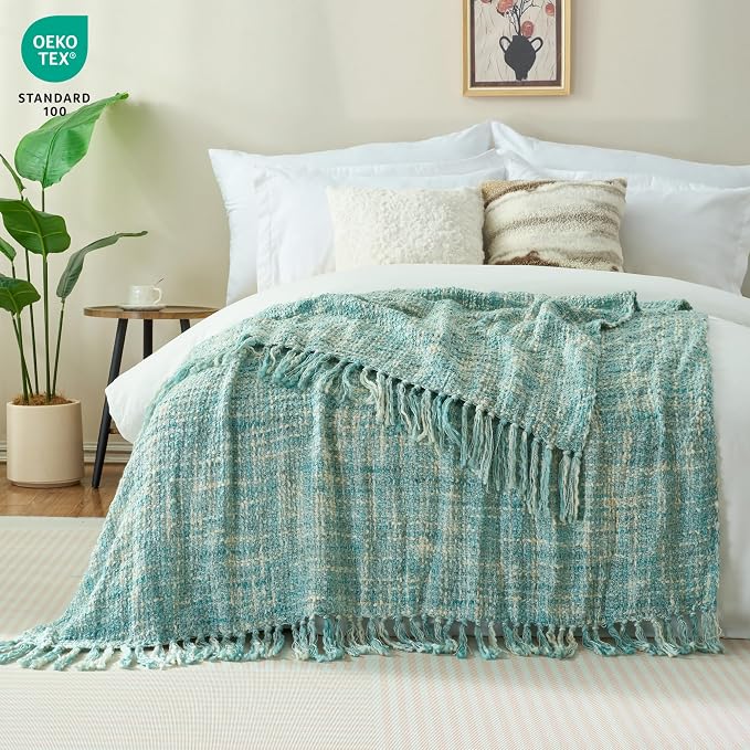 Multi-Color Cable Woven Throw Blanket for Couch - 50"X60" | Multicolored Boho Style,Super Soft Warm Cozy Chunky Blankets with Decorative Tassels for Bed and Sofa,Mint Blue