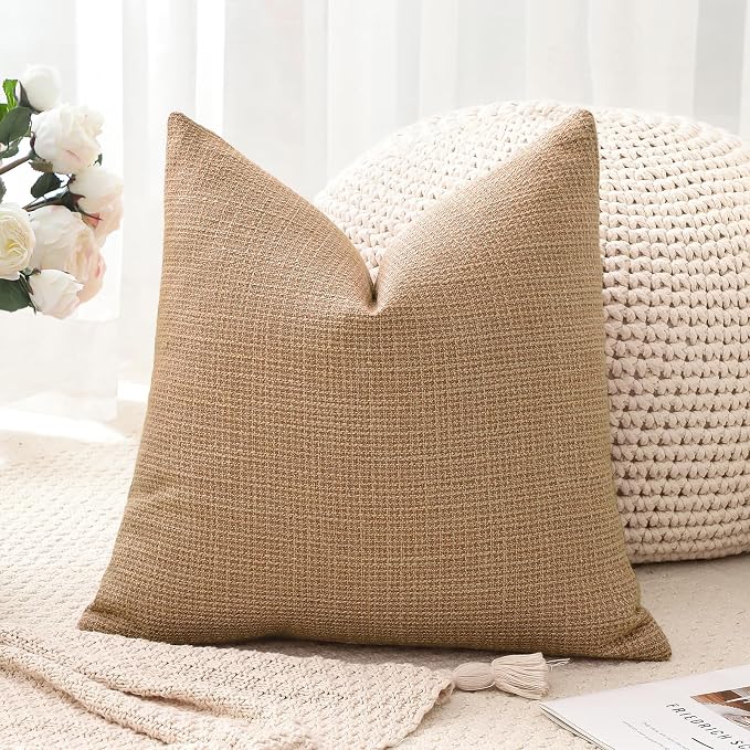 OTOSTAR Linen Throw Pillow Cover Set of 1 Decorative Square Pillowcases Cushion Covers 16x16 Inch for Home Decor Sofa Bedroom Car 40 x 40CM Light Brown