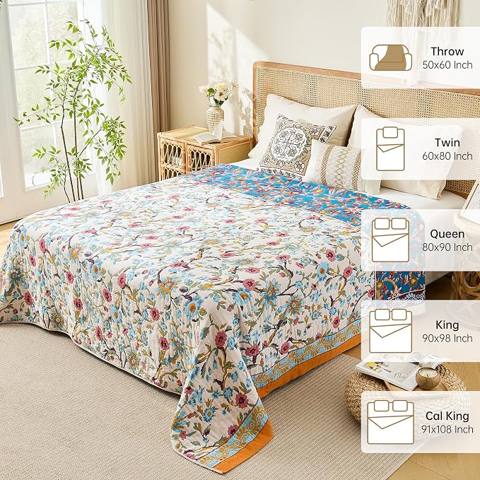 VANJOROY King Boho Throw Blanket, 100% Organic Cotton Breathable Skin-Friendly Ultra Soft 91" x 98" Bed Quilt Throw - Floral Rustic Decor Luxury Reversible Blanket for Sofa Couch Chair and Gift