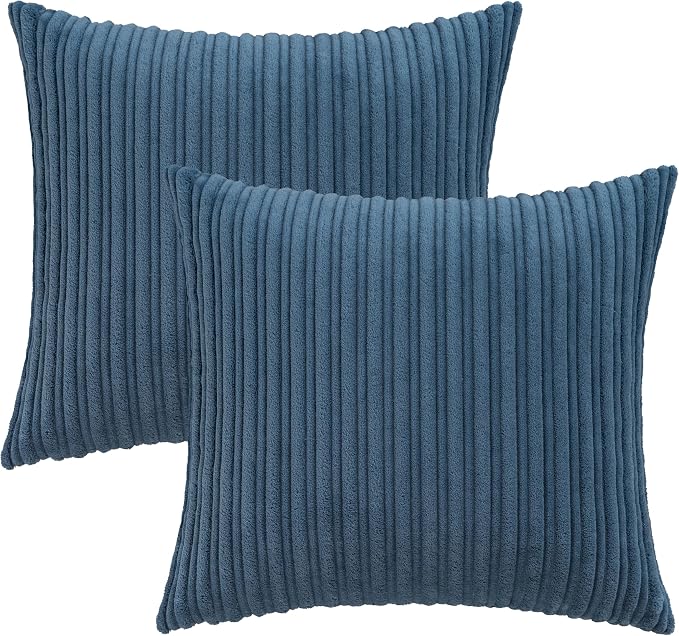 UGASA Velvet 18x18 Inch Soft Throw Pillow Covers Decorative Corduroy Striped Both Sides Solid Square Cushion Cases Boho Farmhouse for Couch Bedroom Sofa Home, Pack of 2, Dusty Blue