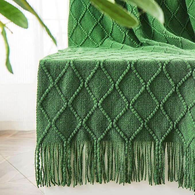 inhand Green Knitted Throw Blanket for Couch and Bed, 60"x80" | Throws for Her or Him, Soft Farmhouse Woven Blanket, Tassel, Lightweight Decorative, Cozy Knit, Warm Living Room Home Decor