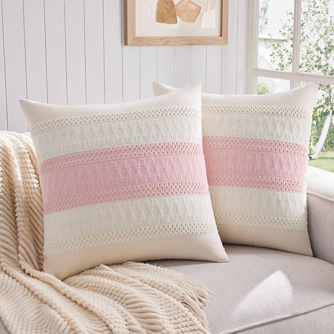 2 Pack Boho Throw Pillow Covers, Contrast Light Pink 22x22in | Soft Breathable Cotton, Farmhouse Decorative Couch Pillow Cases, Cushion Covers for Sofa Bed Living Room Home Decor