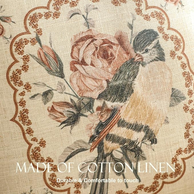 patdrea Vintage Linen Throw Pillow Cover,18"x18",Set of 2-ParkerEstate A | French Decorative Pillow Case with Zipper,Bird and Floral Pattern,Cushion Coverfor Couch Living Room Bedroom