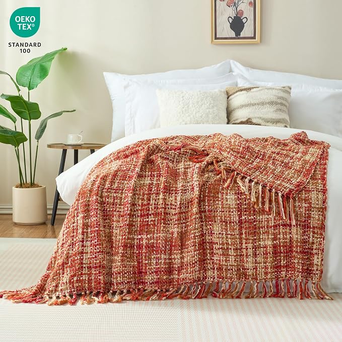 Multi-Color Cable Woven Throw Blanket for Couch - 60"X80" | Multicolored Boho Style,Super Soft Warm Cozy Chunky Blankets with Decorative Tassels for Bed and Sofa,Dark Red