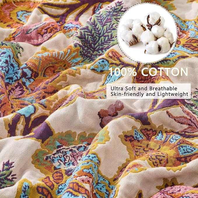 Boho Throw Blanket Farmhouse Decor Throw Blanket Bohemian Blanket for Bed 100% Cotton Muslin Woven Couch Blanket All Seasons Quilt Bedroom (E-Beige, 90"x98")