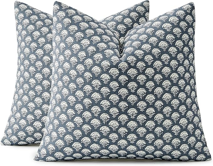 MIULEE Floral Print Decorative Euro Pillow Covers 22x22, Dusty Blue | Vintage Boho Farmhouse Modern Home Decor, Set of 2, Block Print Cushion Covers for Couch Sofa Bed Living Room