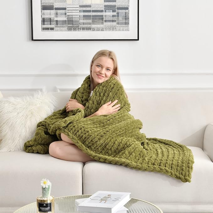 Maetoow Tighter Version Chenille Chunky Knit Blanket Throw,40×50,Olive Green