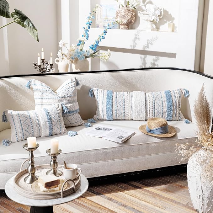 20X20 Throw Pillow Cover, Coastal Blue Square Decorative Cushion Cover, Boho Accent Pillowcase with Tassels for Couch Sofa Living Room (Cover Only)