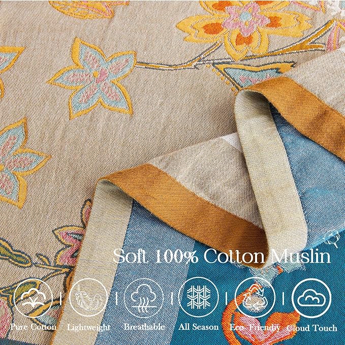 XIBLC Boho Blanket, 100% Cotton Farmhouse Decorative Throw Blanket, 50"x60" Reversible Bohemian Throw Blanket, Brown All Season Muslin Breathable Woven Blankets Quilt