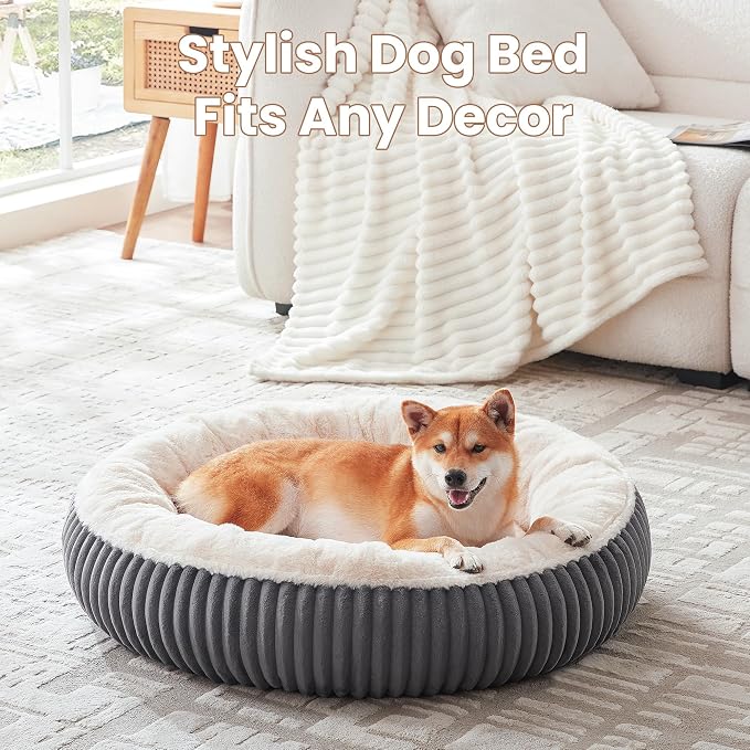 33 inches Calming Donut Dog Bed for Medium Plus Dogs,Dark Grey | Round Pet Bed with Removable&Washable Cover,Milk Plush Faux Fur, Fits Pets up to 50 lbs